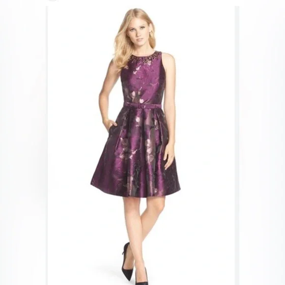 Eliza J embellished neck purple jacquard fit and flare belted dress - Picture 10 of 10